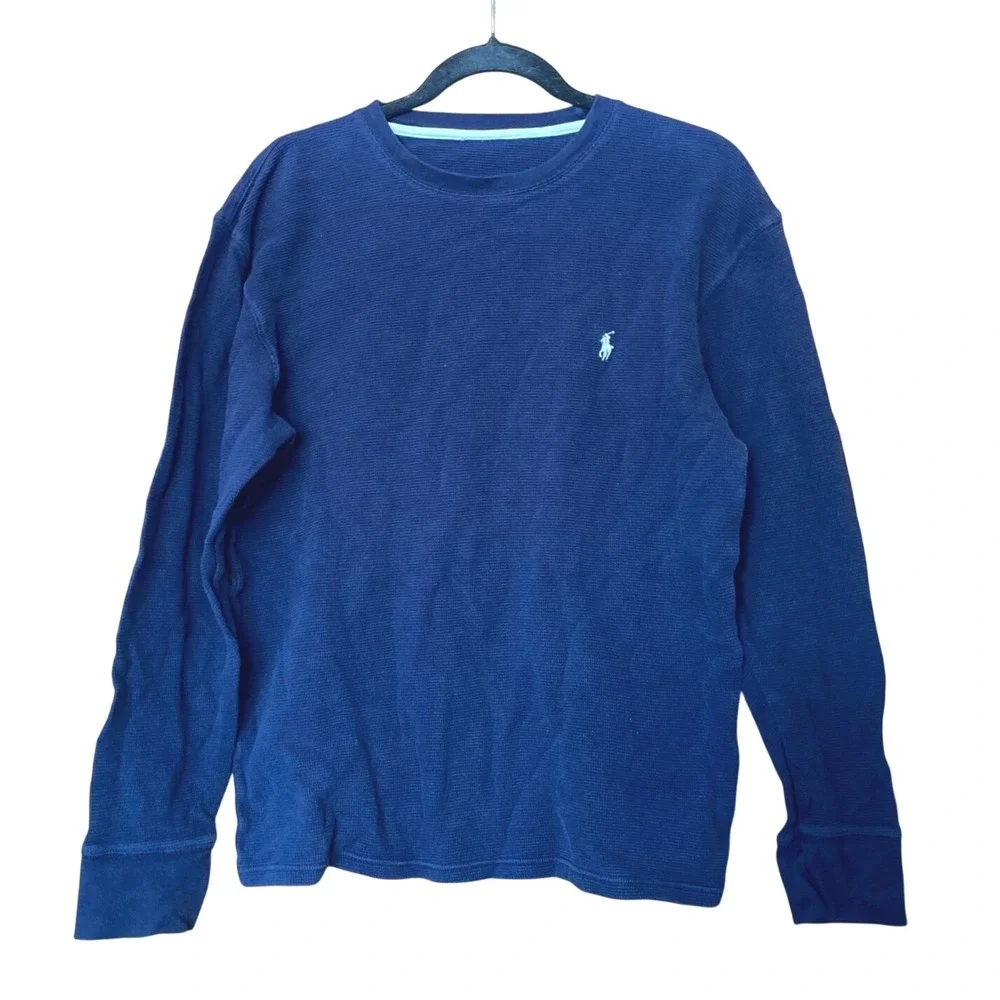 Polo Ralph Lauren Waffle Knit Thermal Long Sleeve Blue Shirt Medium Preppy Rugby